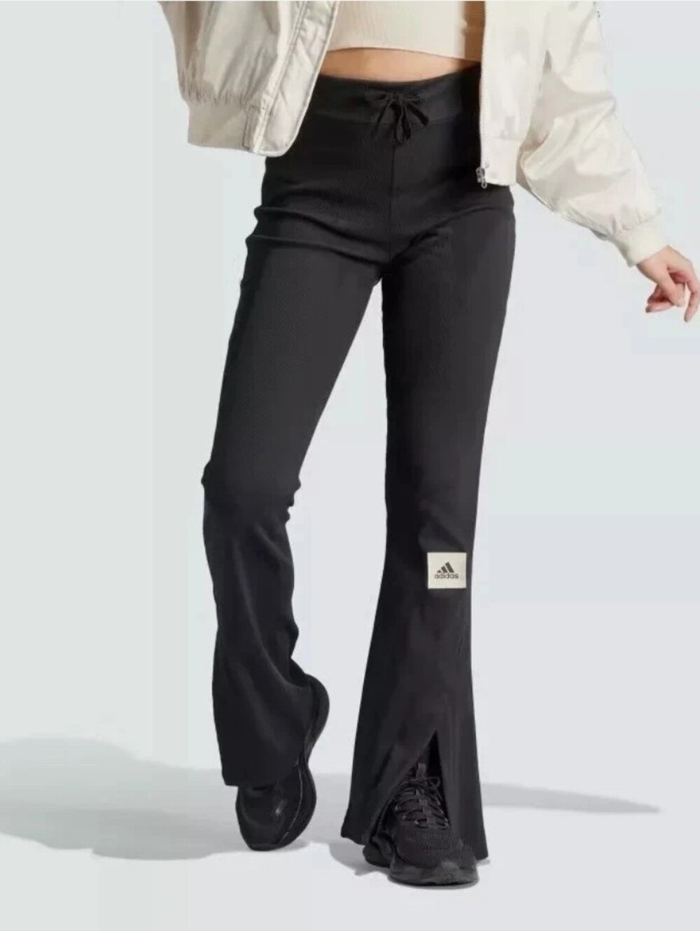adidas Black Flare Ribbed Leggings with Drawstring Waist